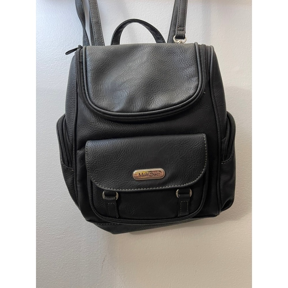 MultiSac Black Vegan Leather Multi-Pocket Backpack Purse Organizer Bag